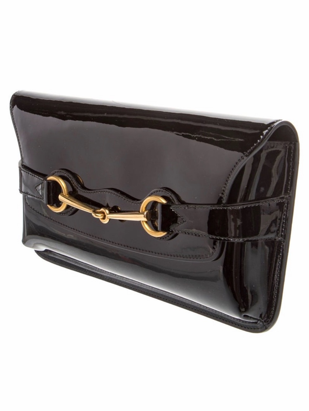 Gucci Black Patent Leather Clutch with Gold Horsebit Detail